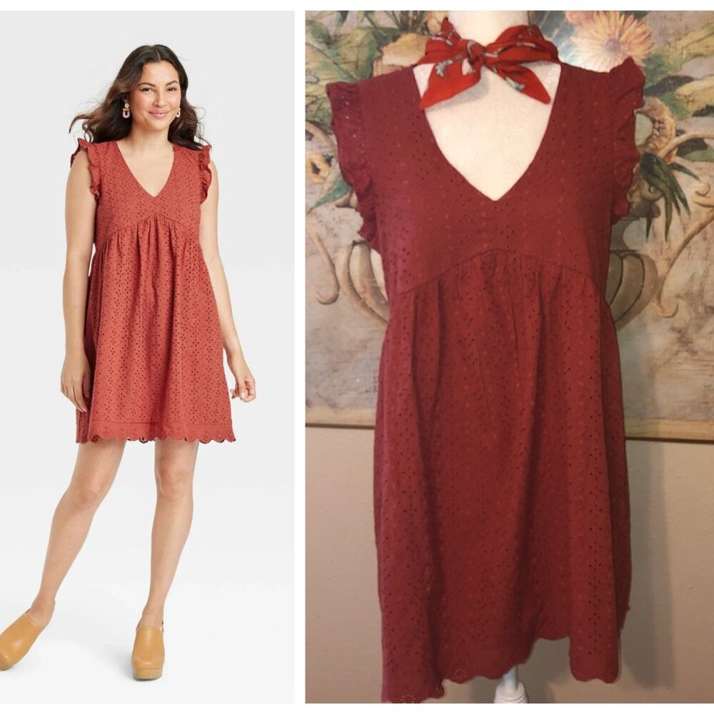 Sz S Knox Rose Burnt Orange Eyelet Babydoll Dress Flutter Sleeve V neck Boho